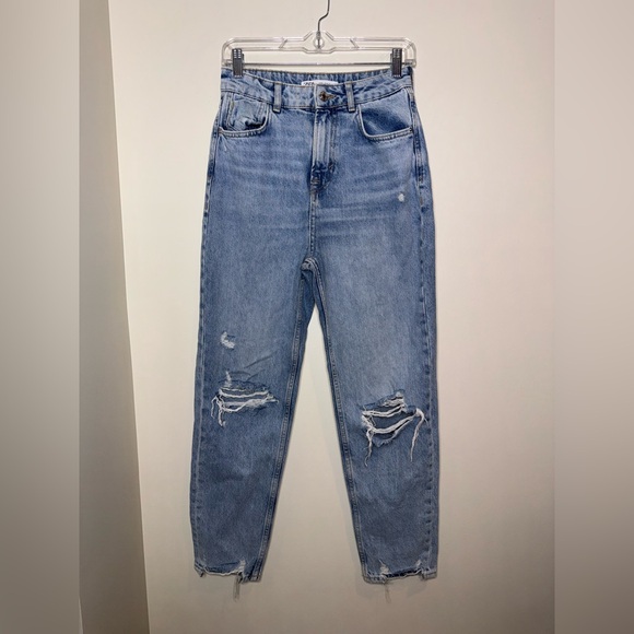 Zara High Rise Distressed Mom Jeans Straight Leg - Picture 2 of 7